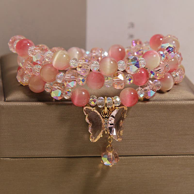 Buddha Stones Bransoletka Peach Cat's Eye Butterfly Love Triple Wrap Faceted - Image 3