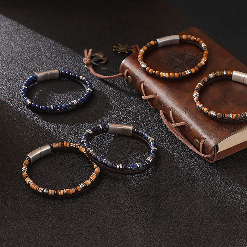 Buddha Stones Bransoletka skórzana z koralikami z lapis lazuli i tygrysiego oka - Image 11