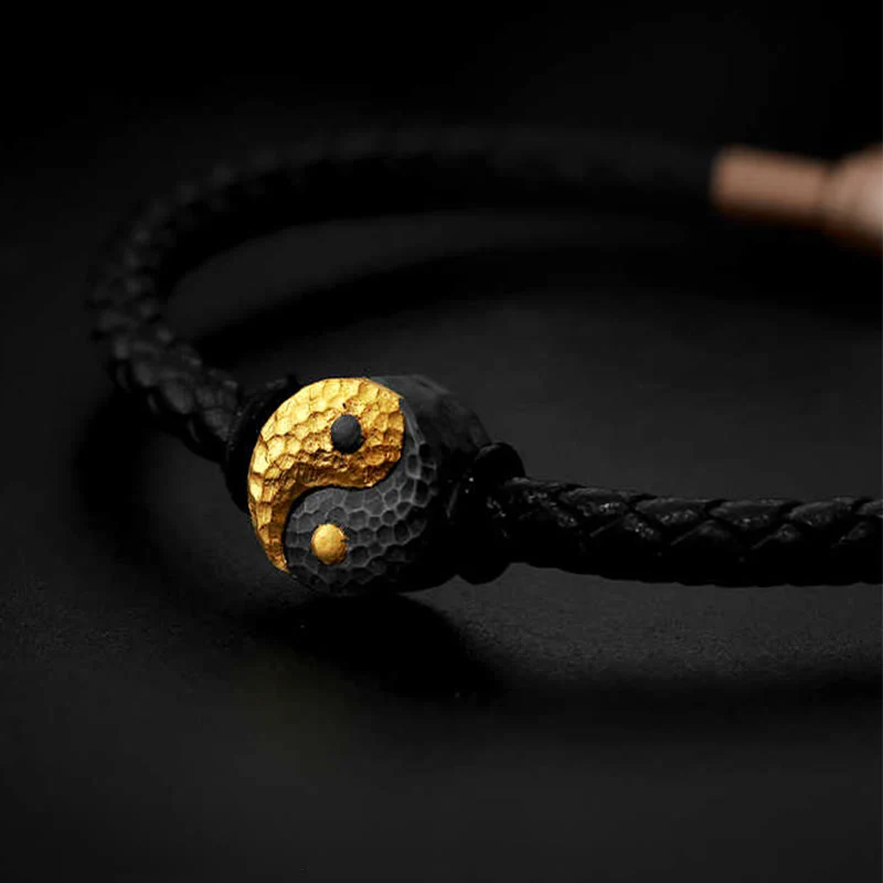 Buddha Stones Bransoletka skórzana ze srebra próby 925 i złota 999 z symbolem równowagi Yin Yang Bagua - Image 2