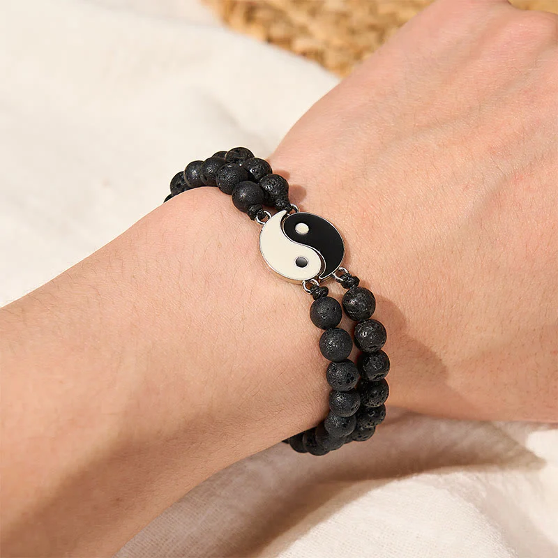 Buddha Stones Bransoletka wspierająca z hematytu yin yang z mrożonego kamienia lawowego - Image 15