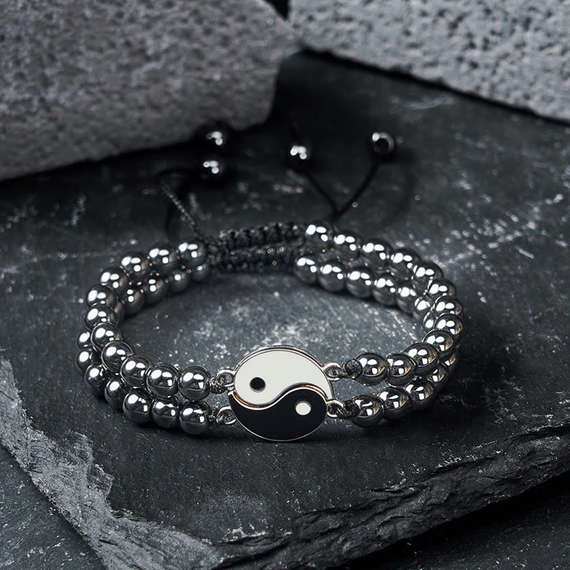 Buddha Stones Bransoletka wspierająca z hematytu yin yang z mrożonego kamienia lawowego - Image 2