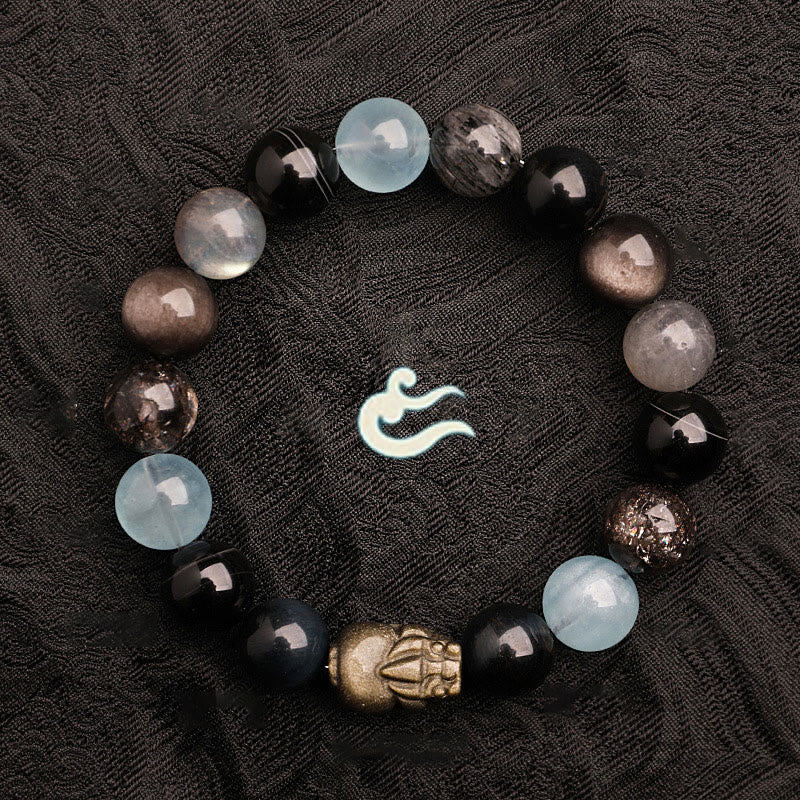 Buddha Stones Bransoletka z agatem, kryształem, zieloną truskawką i kwarcem, zielonym agatem i widmowym szczęściem, Five Elements - Image 23
