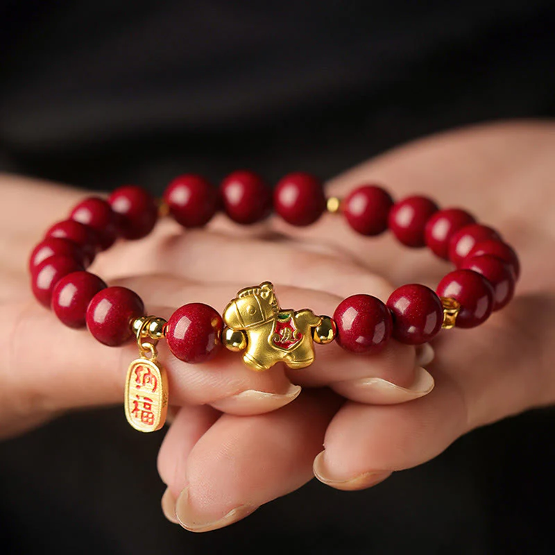 Buddha Stones Bransoletka z błogosławieństwem z cynobru na rok konia