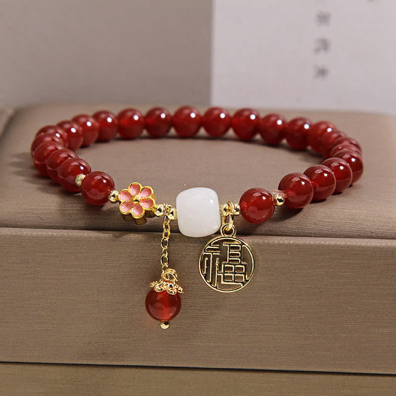 Buddha Stones Bransoletka z czerwonego agatu z kwiatem pewności siebie i szczęścia