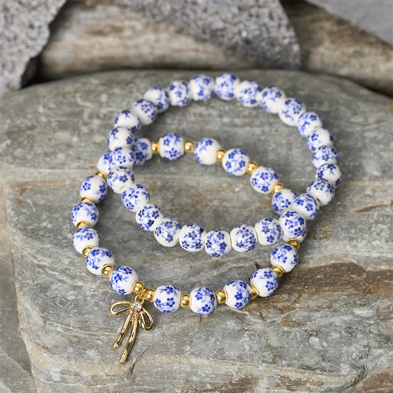 Buddha Stones Bransoletka z kokardką z koralików w kolorze niebiesko-białym i różowym z porcelany z wewnętrznym spokojem - Image 3