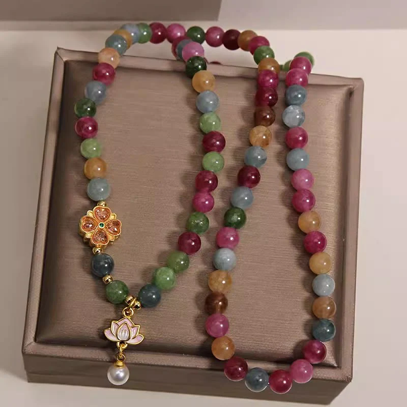 Buddha Stones Bransoletka z koralikami i zawieszkami Rainbow Turmalin Lotus Wisdom Triple Wrap - Image 4