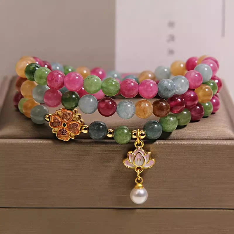 Buddha Stones Bransoletka z koralikami i zawieszkami Rainbow Turmalin Lotus Wisdom Triple Wrap - Image 5