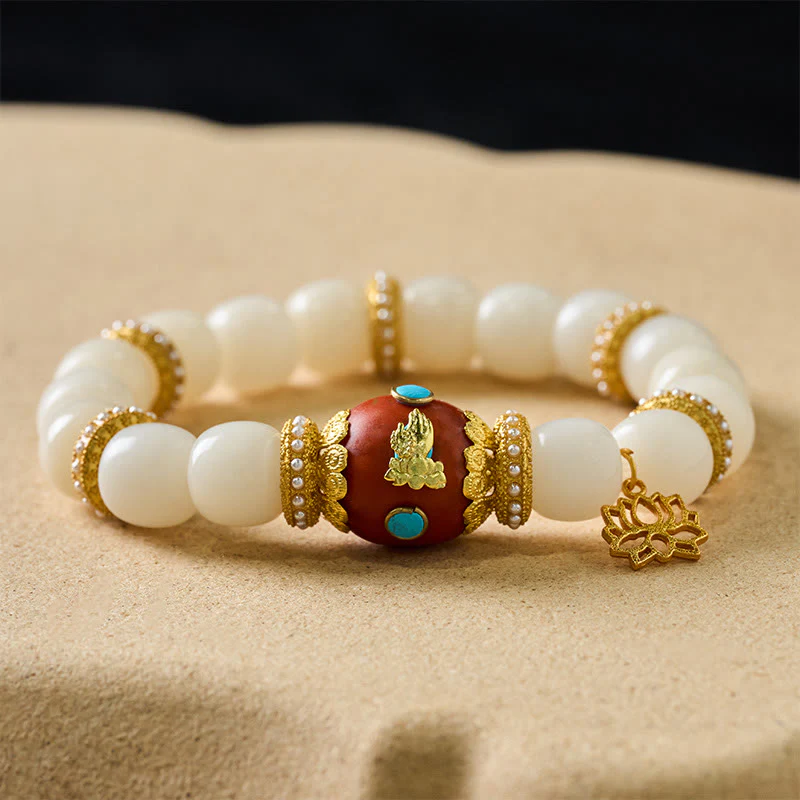 Buddha Stones Bransoletka z koralików błogosławieństwa z białymi nasionami Bodhi, grawerowanym, pomarańczowym, owalnym wisiorkiem z lotosu w stylu tybetańskim - Image 2