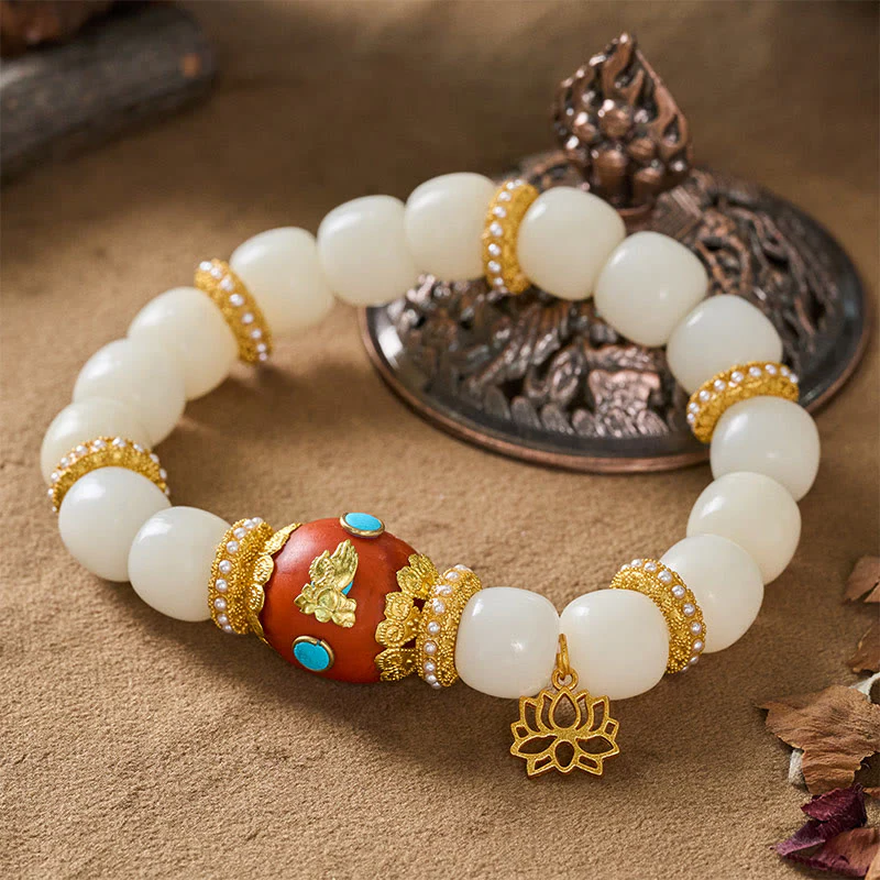 Buddha Stones Bransoletka z koralików błogosławieństwa z białymi nasionami Bodhi, grawerowanym, pomarańczowym, owalnym wisiorkiem z lotosu w stylu tybetańskim - Image 3