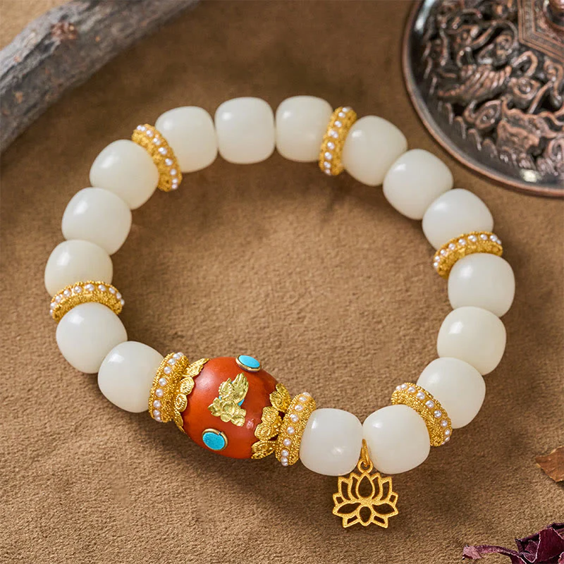 Buddha Stones Bransoletka z koralików błogosławieństwa z białymi nasionami Bodhi, grawerowanym, pomarańczowym, owalnym wisiorkiem z lotosu w stylu tybetańskim - Image 4
