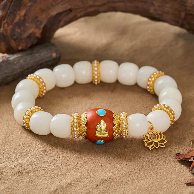 Buddha Stones Bransoletka z koralików błogosławieństwa z białymi nasionami Bodhi, grawerowanym, pomarańczowym, owalnym wisiorkiem z lotosu w stylu tybetańskim - Image 9