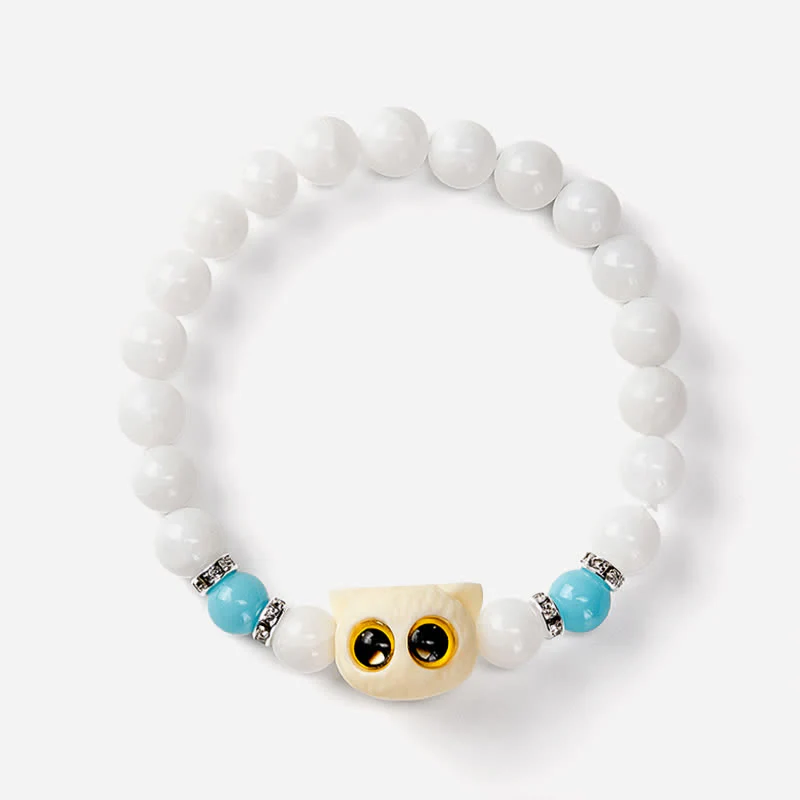 Buddha Stones Bransoletka z koralików czystości z czarnego obsydianu i białego chalcedonu w kształcie głowy kota o dużym oku - Image 10