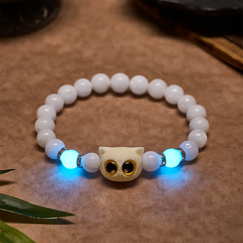 Buddha Stones Bransoletka z koralików czystości z czarnego obsydianu i białego chalcedonu w kształcie głowy kota o dużym oku - Image 2