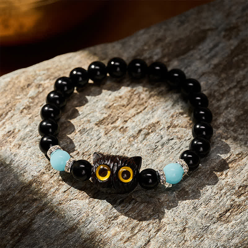 Buddha Stones Bransoletka z koralików czystości z czarnego obsydianu i białego chalcedonu w kształcie głowy kota o dużym oku - Image 22