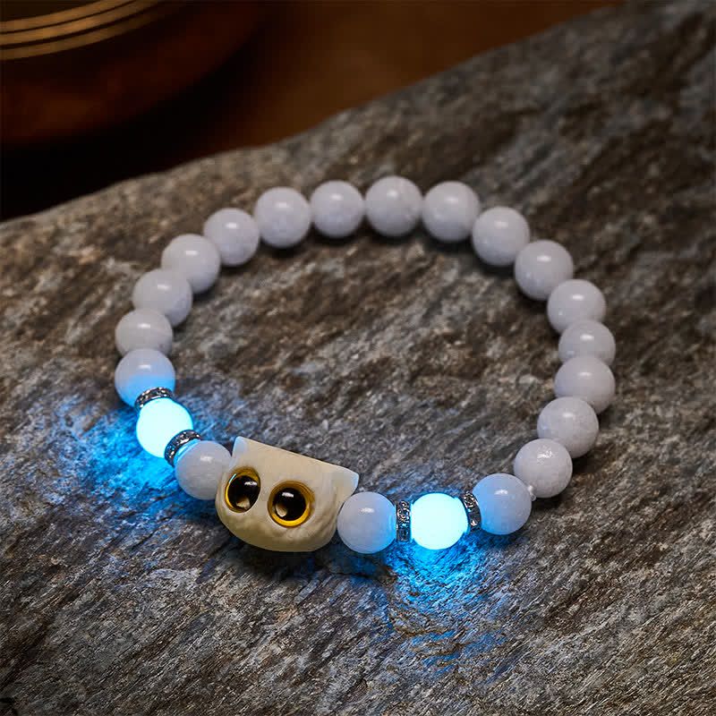 Buddha Stones Bransoletka z koralików czystości z czarnego obsydianu i białego chalcedonu w kształcie głowy kota o dużym oku - Image 5