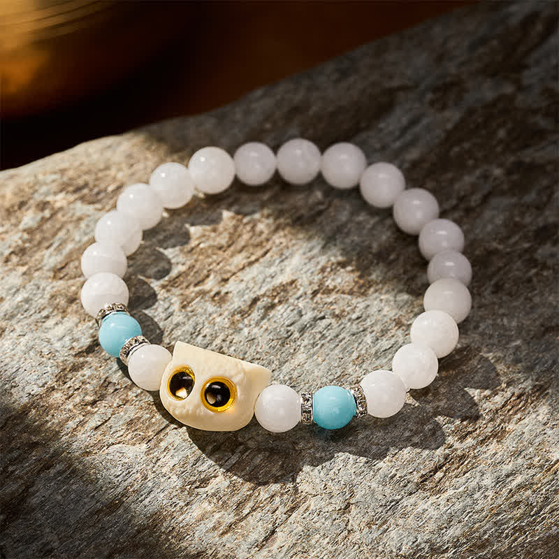 Buddha Stones Bransoletka z koralików czystości z czarnego obsydianu i białego chalcedonu w kształcie głowy kota o dużym oku - Image 9