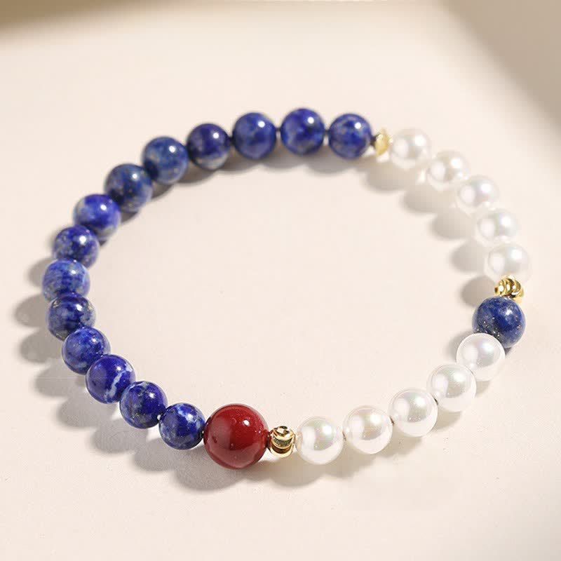 Buddha Stones Bransoletka z koralików Lapis Lazuli i Lazurytu z Perłą i Cynobrem