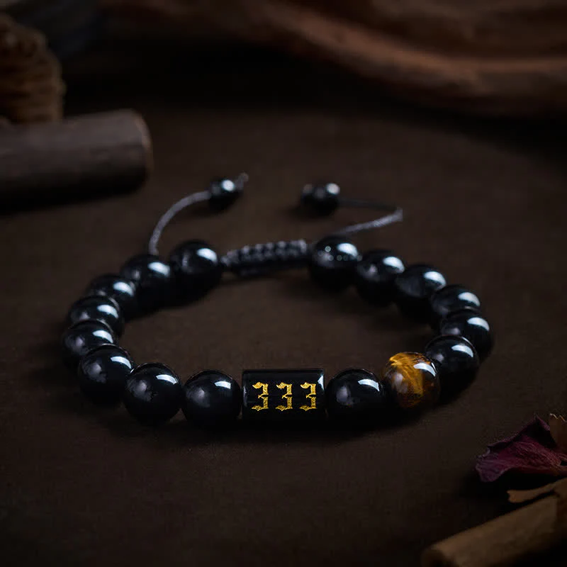 Buddha Stones Bransoletka z naturalnym czarnym obsydianem i tygrysim okiem, numer anioła, spełniająca siłę