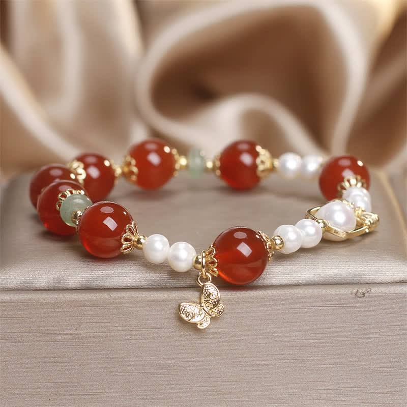 Buddha Stones Bransoletka z naturalnym czerwonym agatem i motylem z motywem samoakceptacji