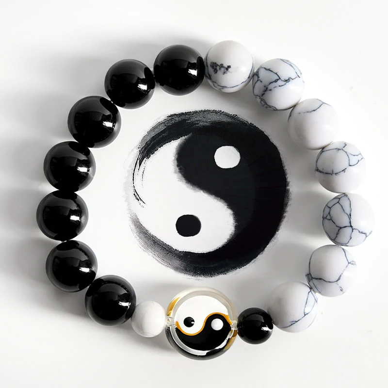 Buddha Stones Bransoletka z okrągłych koralików Liuli Glass Flat Bead Yin Yang Balance