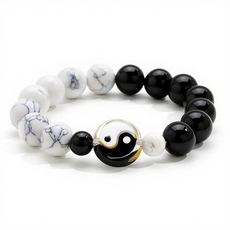 Buddha Stones Bransoletka z okrągłych koralików Liuli Glass Flat Bead Yin Yang Balance - Image 3
