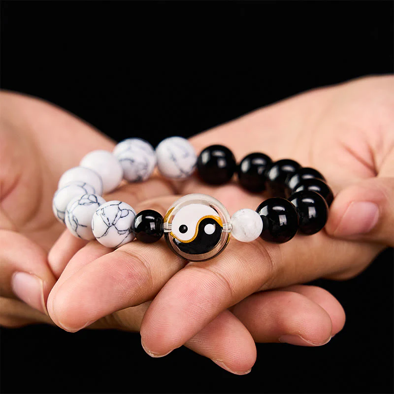 Buddha Stones Bransoletka z okrągłych koralików Liuli Glass Flat Bead Yin Yang Balance - Image 4