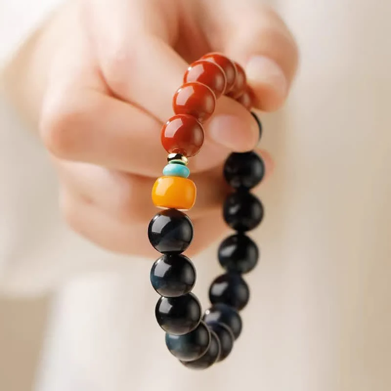 Buddha Stones Bransoletka z okrągłych koralików z agatu południowo-czerwonego z niebieskim tygrysim okiem - Image 10