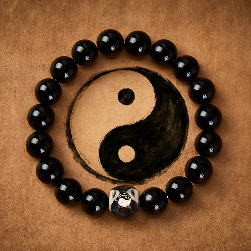 Buddha Stones Bransoletka z okrągłych koralików z agatu tybetańskiego Yin Yang Wealth