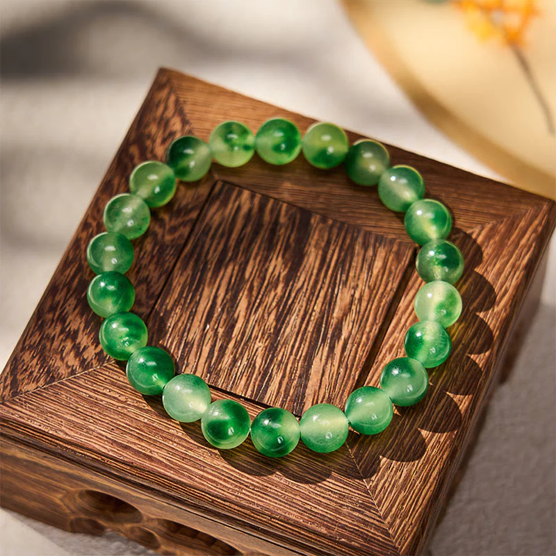 Buddha Stones Bransoletka z okrągłych koralików z białego chalcedonu, uzdrawiająca, zielona, z pływającym kwiatem - Image 2