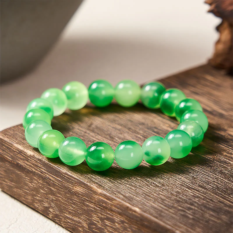 Buddha Stones Bransoletka z okrągłych koralików z białego chalcedonu, uzdrawiająca, zielona, z pływającym kwiatem - Image 7