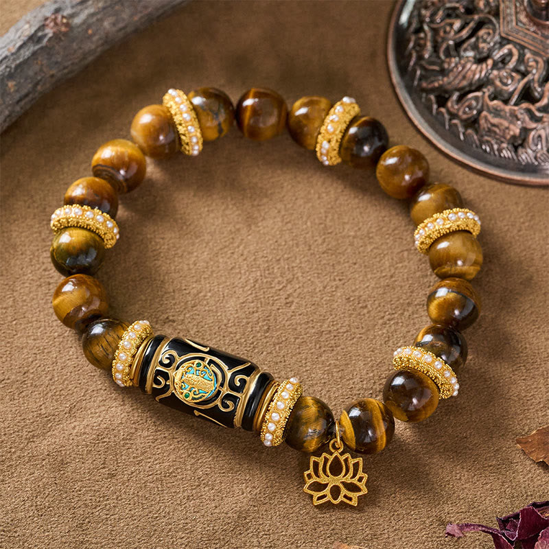 Buddha Stones Bransoletka z okrągłymi koralikami i wisiorkiem z żywicy beczułkowej z naturalnego żółtego tygrysiego oka i lotosu