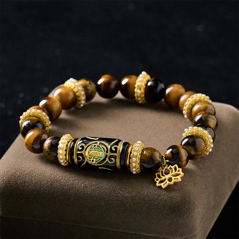 Buddha Stones Bransoletka z okrągłymi koralikami i wisiorkiem z żywicy beczułkowej z naturalnego żółtego tygrysiego oka i lotosu - Image 2
