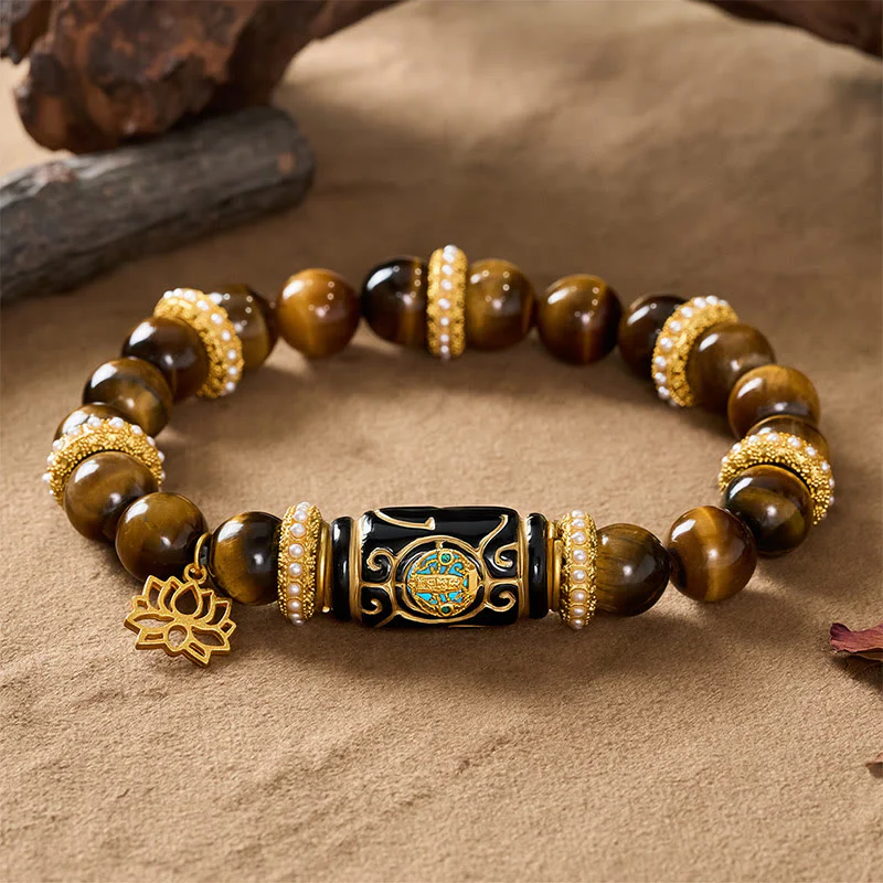 Buddha Stones Bransoletka z okrągłymi koralikami i wisiorkiem z żywicy beczułkowej z naturalnego żółtego tygrysiego oka i lotosu - Image 3