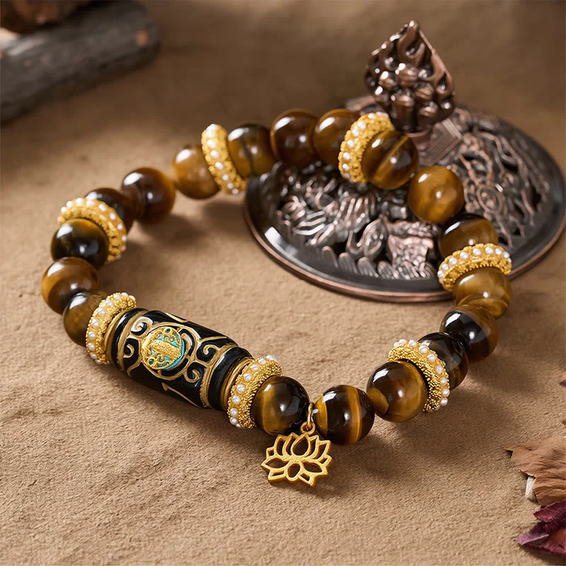 Buddha Stones Bransoletka z okrągłymi koralikami i wisiorkiem z żywicy beczułkowej z naturalnego żółtego tygrysiego oka i lotosu - Image 4