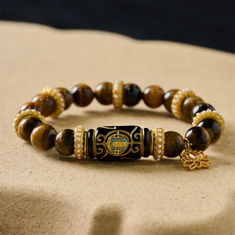 Buddha Stones Bransoletka z okrągłymi koralikami i wisiorkiem z żywicy beczułkowej z naturalnego żółtego tygrysiego oka i lotosu - Image 8