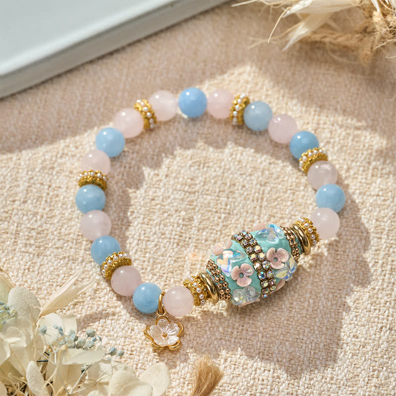 Buddha Stones Bransoletka z okrągłymi koralikami w kształcie kwiatu z różowego kwarcu, niebieskiego chalcedonu i miedzi - Image 2