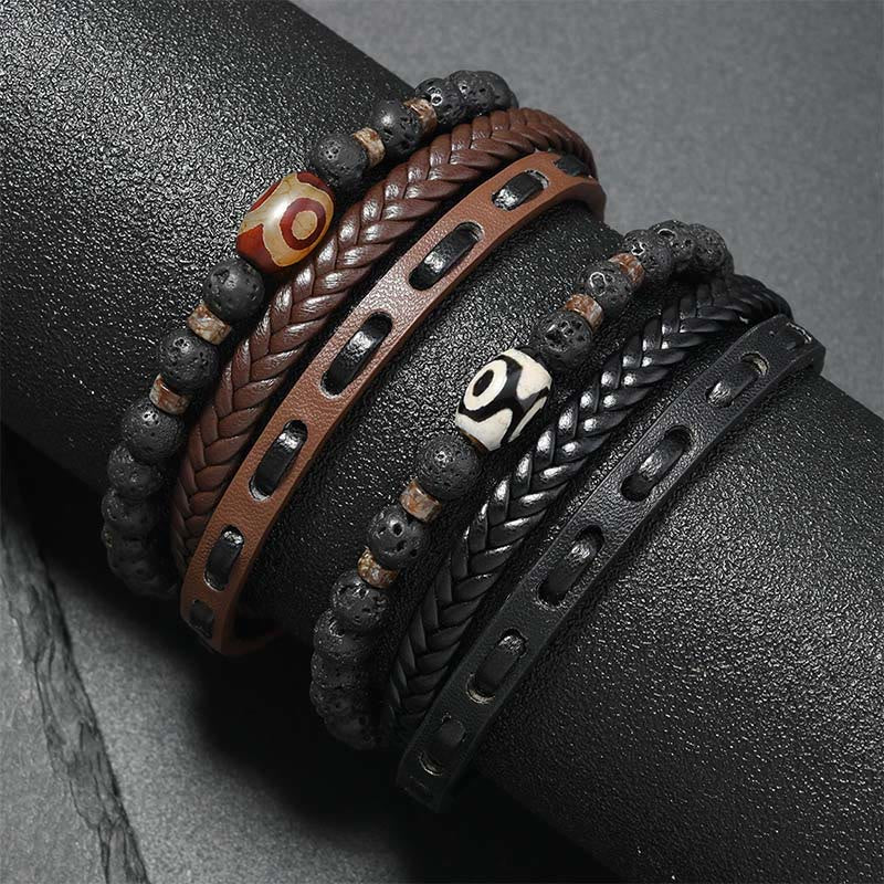 Buddha Stones Bransoletka z wielowarstwowej plecionej skóry Dzi Bead Lava Rock Wealth - Image 10