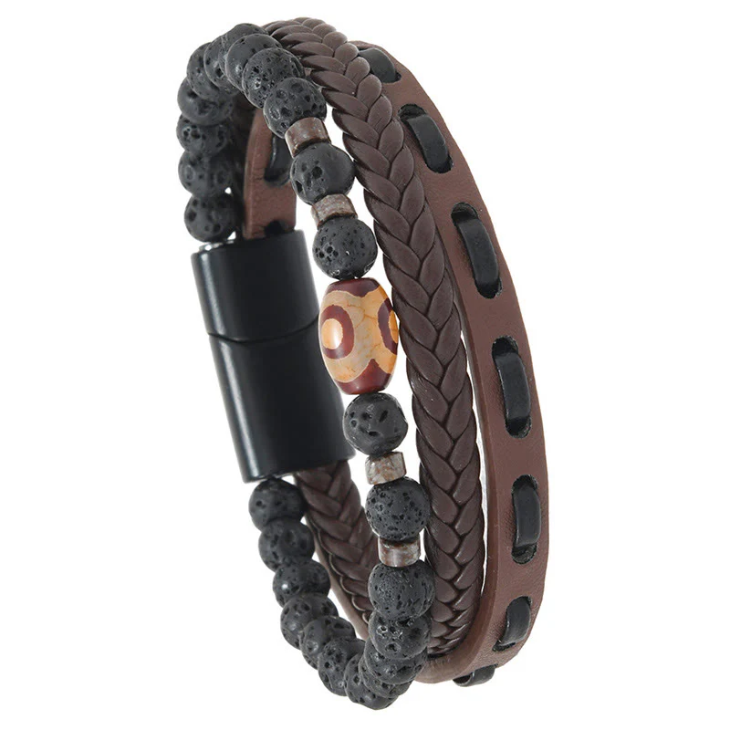 Buddha Stones Bransoletka z wielowarstwowej plecionej skóry Dzi Bead Lava Rock Wealth - Image 8