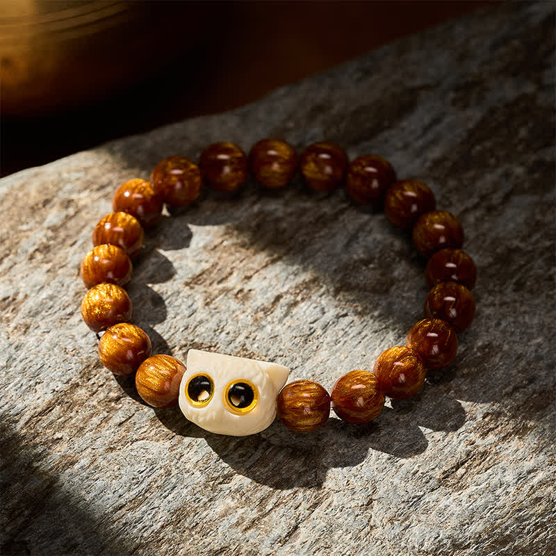 Buddha Stones Bransoletka z żółtymi koralikami z żywicy i kości słoniowej z motywem mądrości kota - Image 4