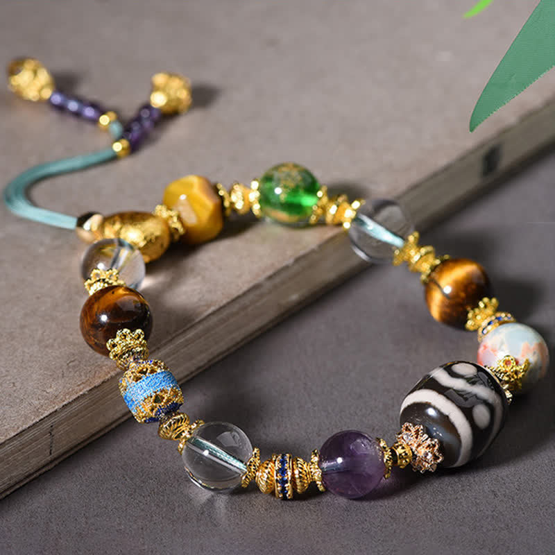 Buddha Stones Bransoletka zdrowotna z naturalnych koralików Dzi z ametystem i tygrysim okiem - Image 12
