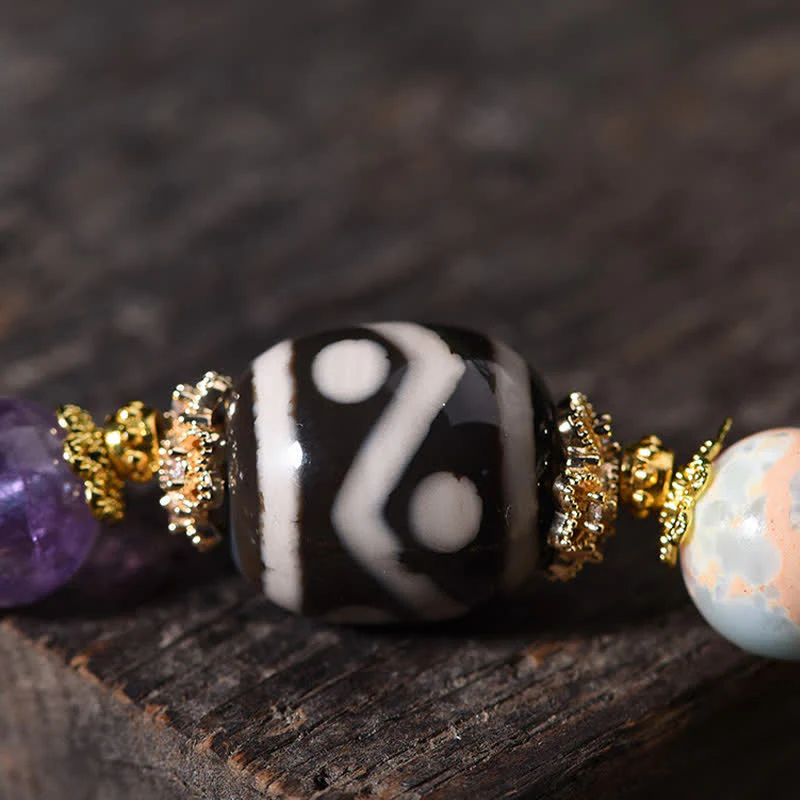 Buddha Stones Bransoletka zdrowotna z naturalnych koralików Dzi z ametystem i tygrysim okiem - Image 15