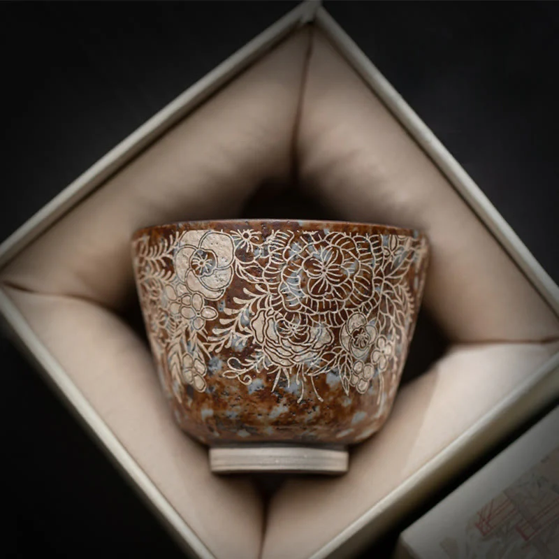 Buddha Stones Brązowe Kwiaty W Pełnym Rozkwicie Filiżanka Do Herbaty Kung Fu 100 ml Z Pudełkiem Prezentowym - Image 8