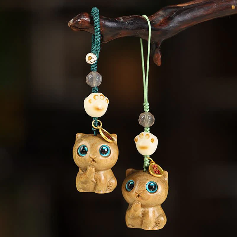 Buddha Stones Breloczki do kluczy z motywem kota z drzewa sandałowego, tkane ręcznie i uspokajające