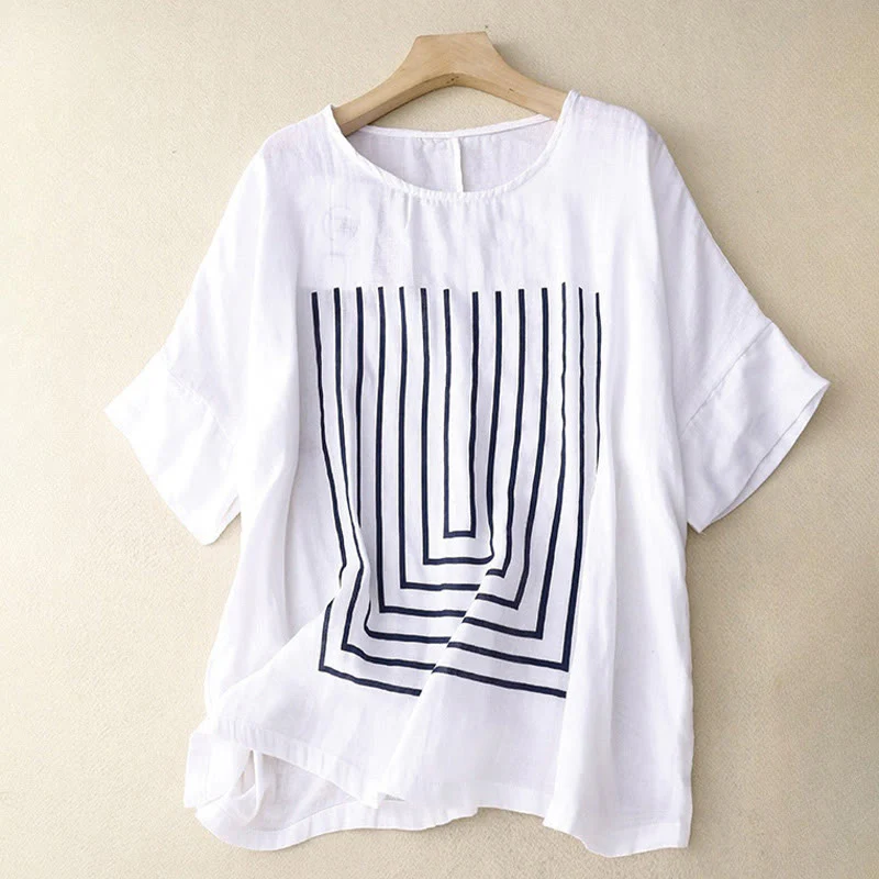 Buddha Stones Casual Line Printing Pattern Krótki rękaw Bawełna Len Damska Koszulka T-shirt - Image 12