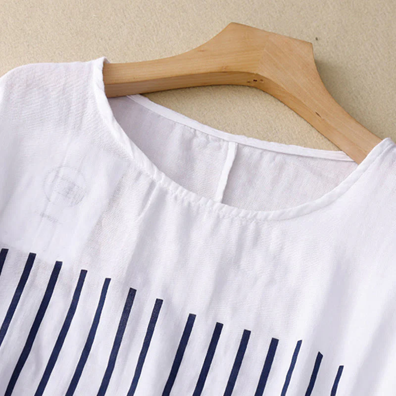 Buddha Stones Casual Line Printing Pattern Krótki rękaw Bawełna Len Damska Koszulka T-shirt - Image 13