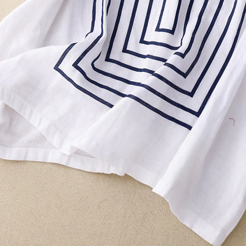 Buddha Stones Casual Line Printing Pattern Krótki rękaw Bawełna Len Damska Koszulka T-shirt - Image 17