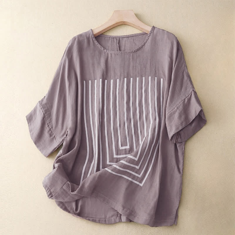 Buddha Stones Casual Line Printing Pattern Krótki rękaw Bawełna Len Damska Koszulka T-shirt - Image 18
