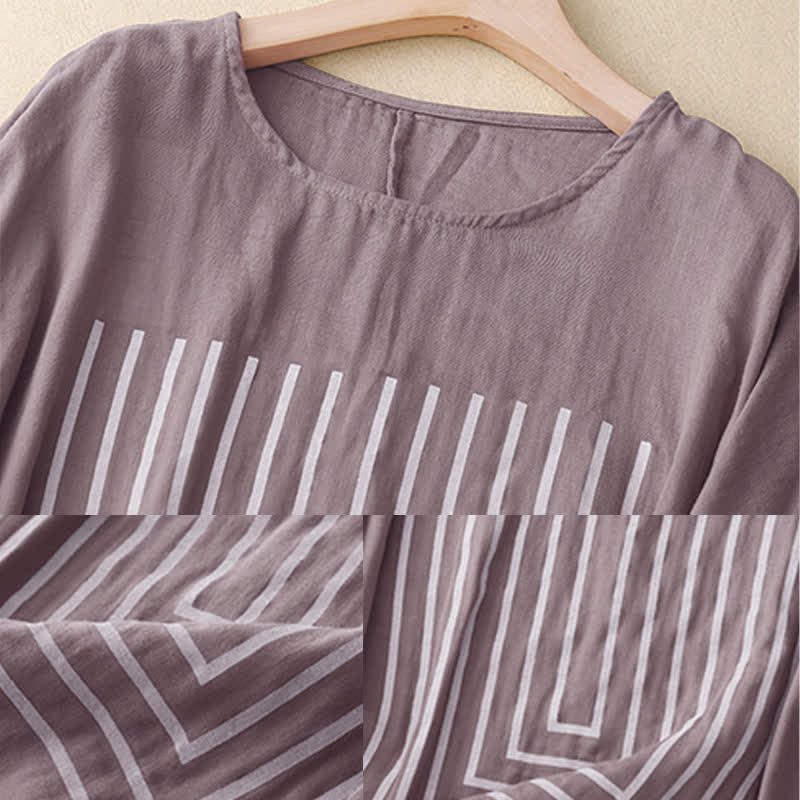 Buddha Stones Casual Line Printing Pattern Krótki rękaw Bawełna Len Damska Koszulka T-shirt - Image 19