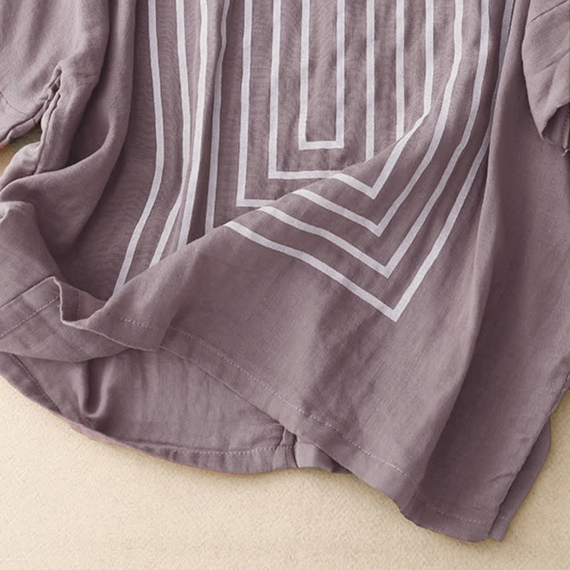 Buddha Stones Casual Line Printing Pattern Krótki rękaw Bawełna Len Damska Koszulka T-shirt - Image 21