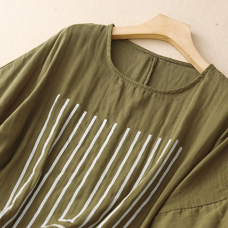 Buddha Stones Casual Line Printing Pattern Krótki rękaw Bawełna Len Damska Koszulka T-shirt - Image 3
